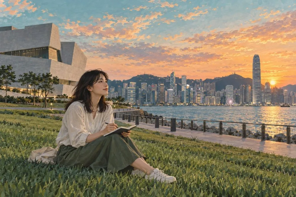 西九龍の海辺で美術館の余韻と夕暮れを一人で楽しむ情景イラスト
