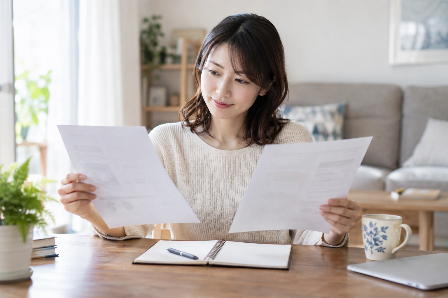 家事代行サービスの説明資料を自宅で落ち着いて比べる女性