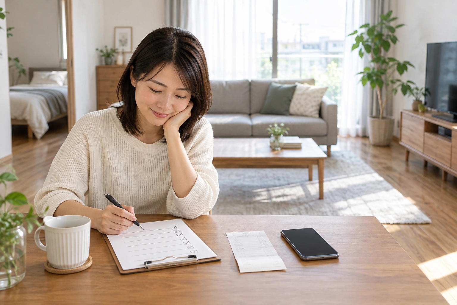 家事代行の利用後に部屋と領収書と記録を確認する女性