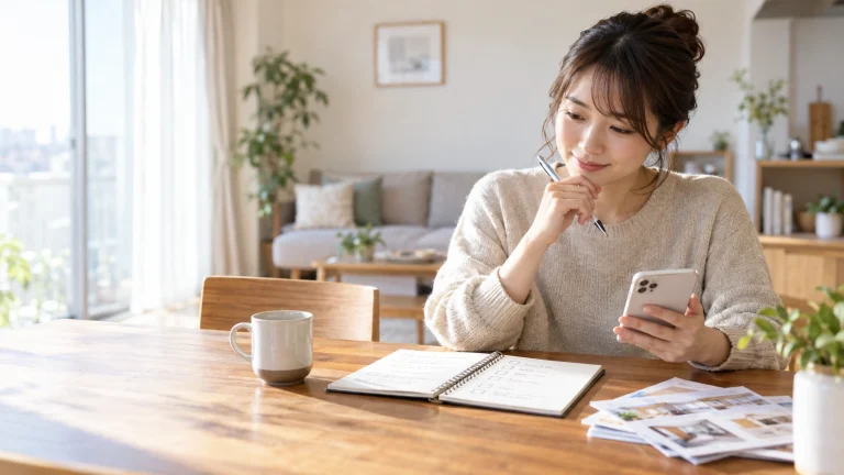 自宅で家事代行サービスの資料と料金を比べる女性