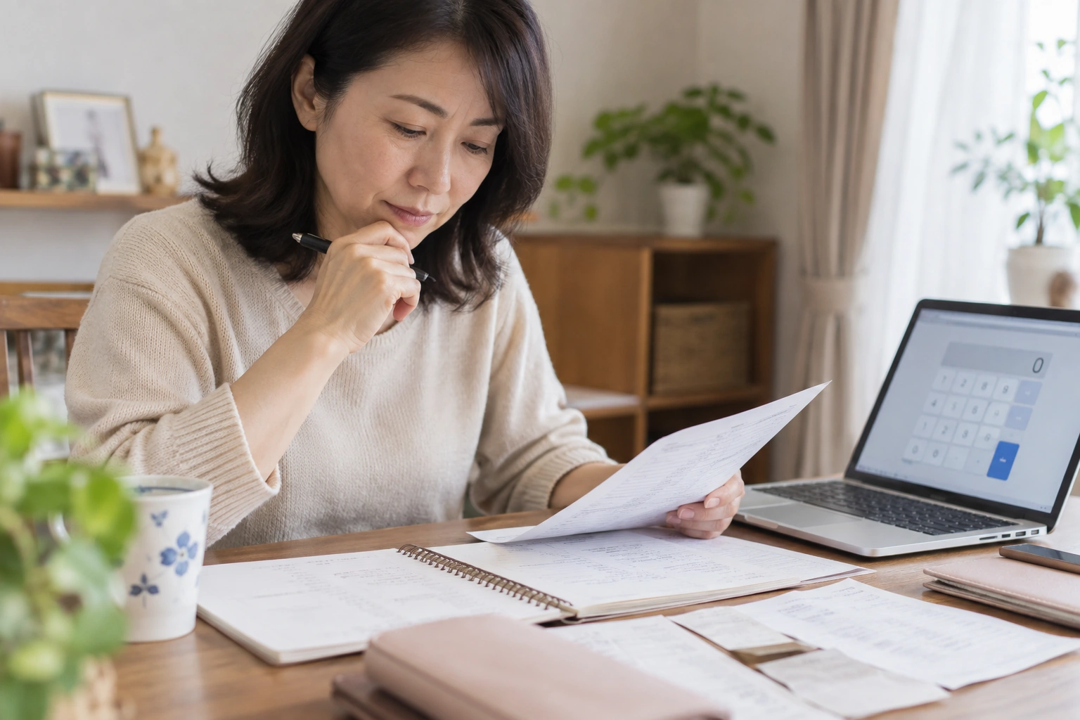 iDeCoの掛金上限を家計書類と計算機で確認する日本人女性