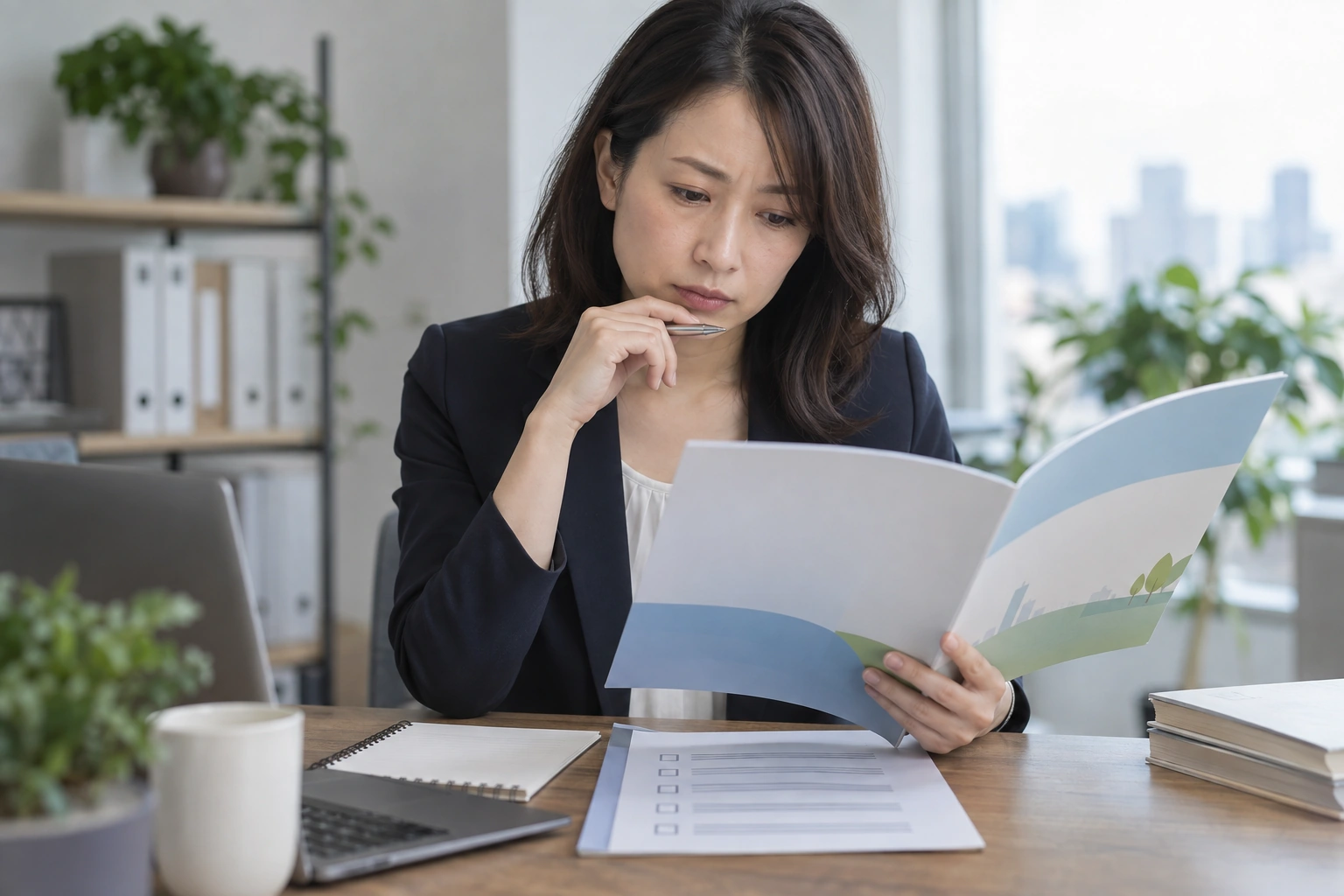 iDeCoの加入区分を確認するため勤務先資料を読む日本人会社員