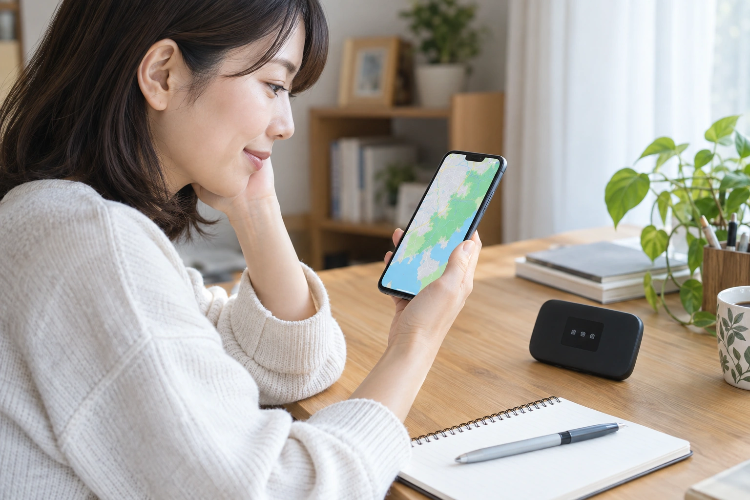 ポケット型WiFiを自宅の窓際と机で試す女性