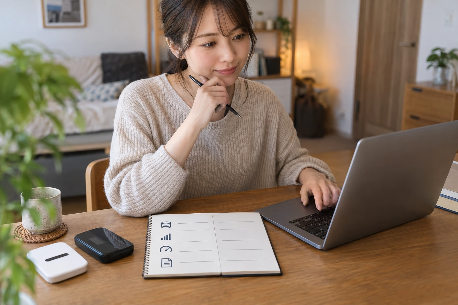ポケット型WiFiの契約条件をノートに整理する女性
