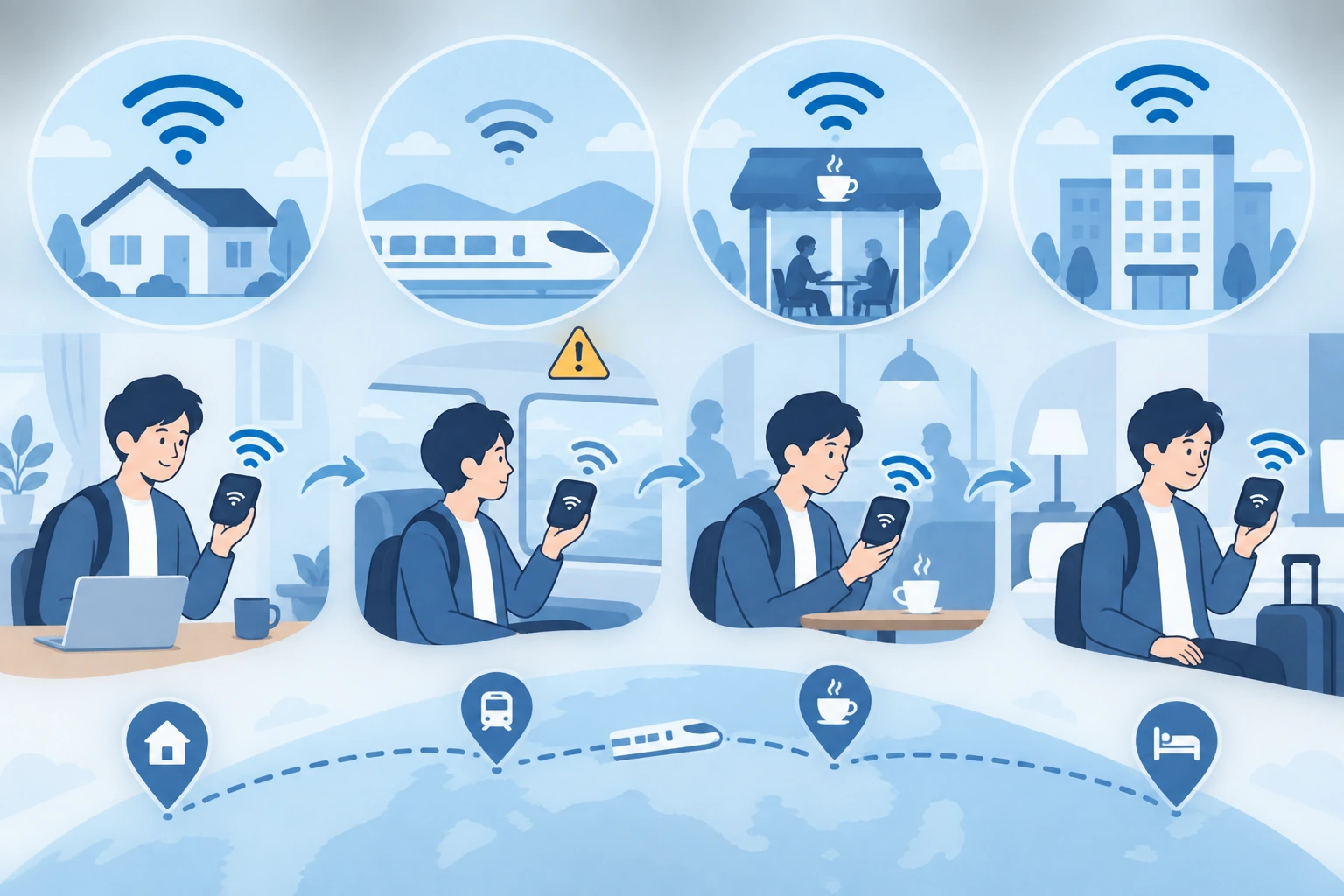 ポケット型WiFiの利用場所と移動先を確認する図解