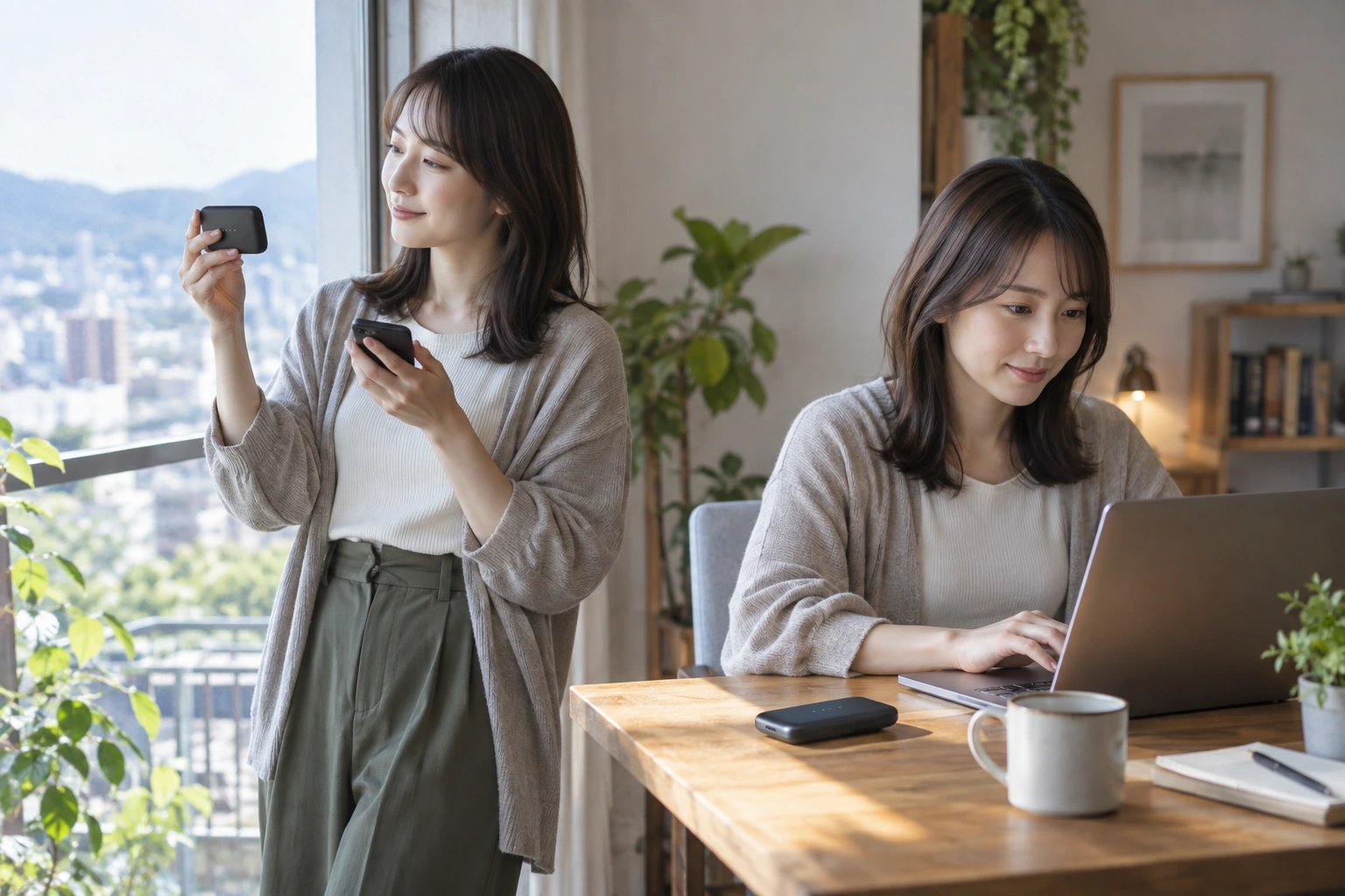 ポケット型WiFiとパソコンを使う女性が情報管理を確認する場面