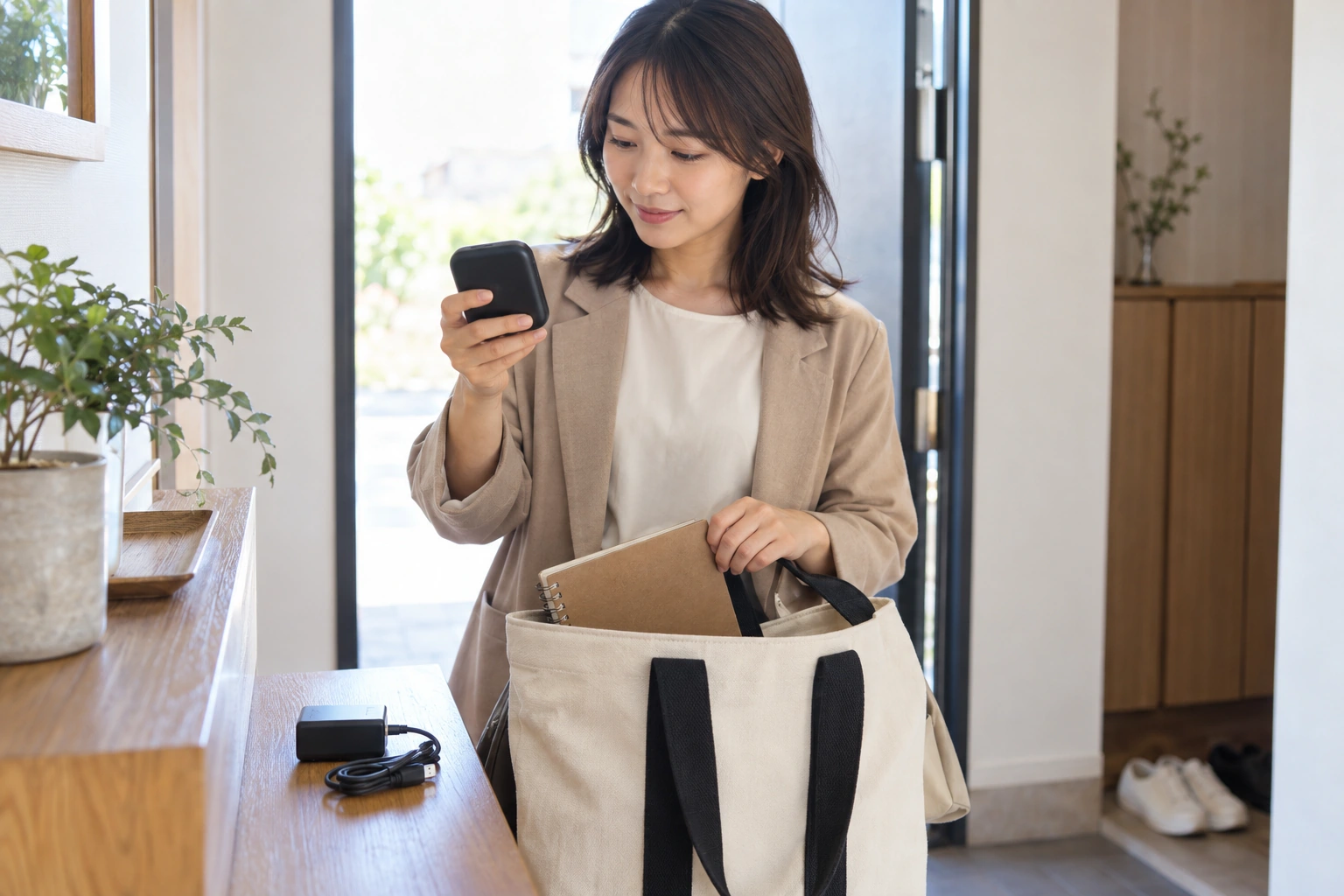 ポケット型WiFiを持って外出する準備をする女性