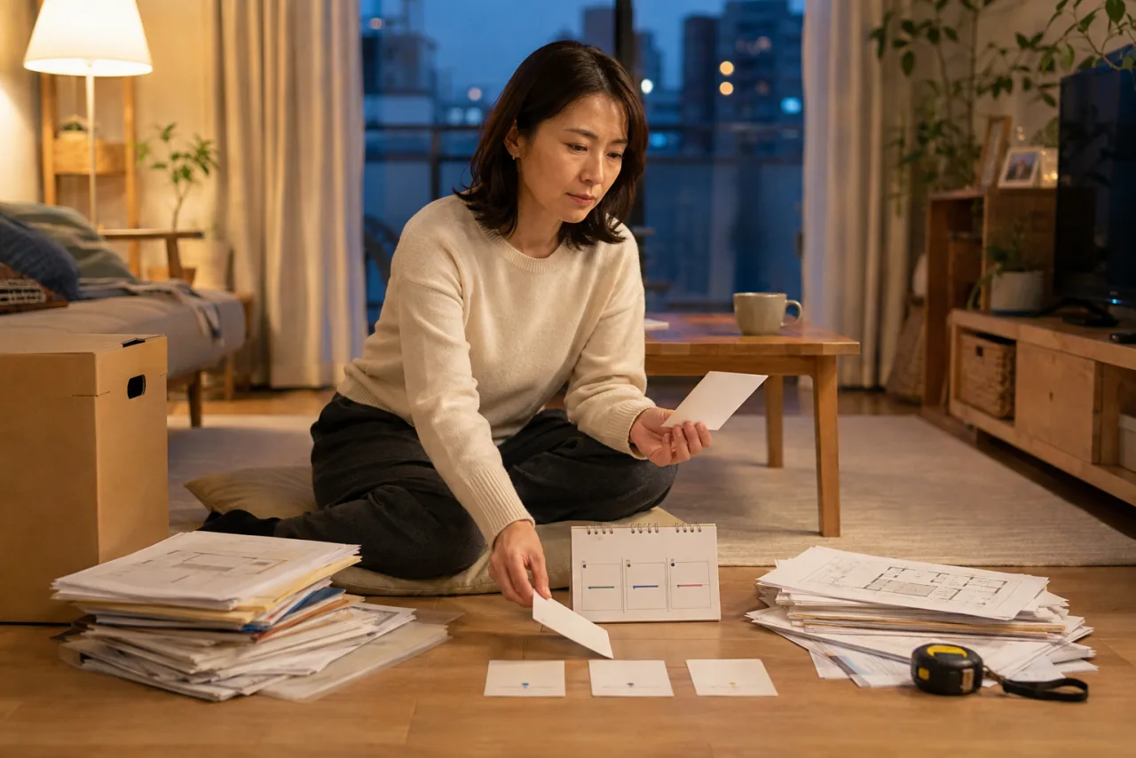 自宅で五つの時点の購入後資金をカードに並べる佳奈さん