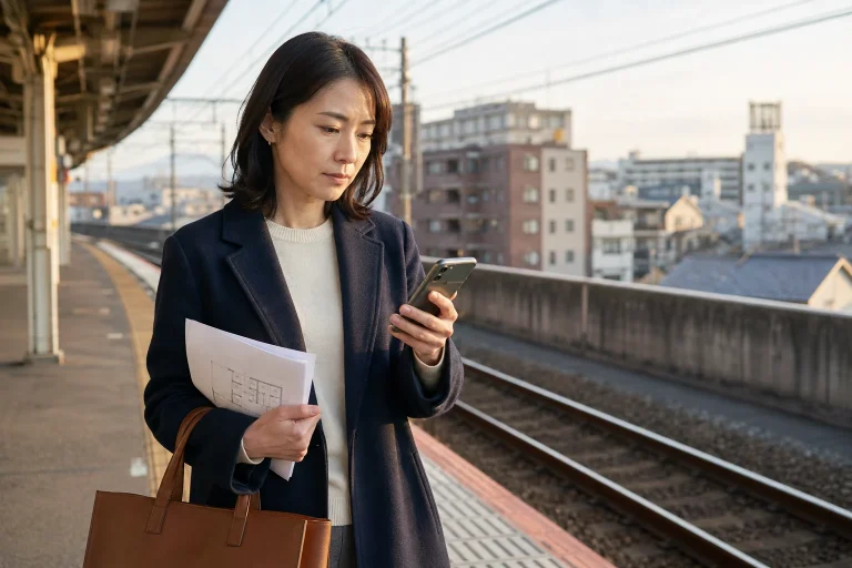 内見帰りの駅ホームでスマートフォンを見つめる37歳の女性