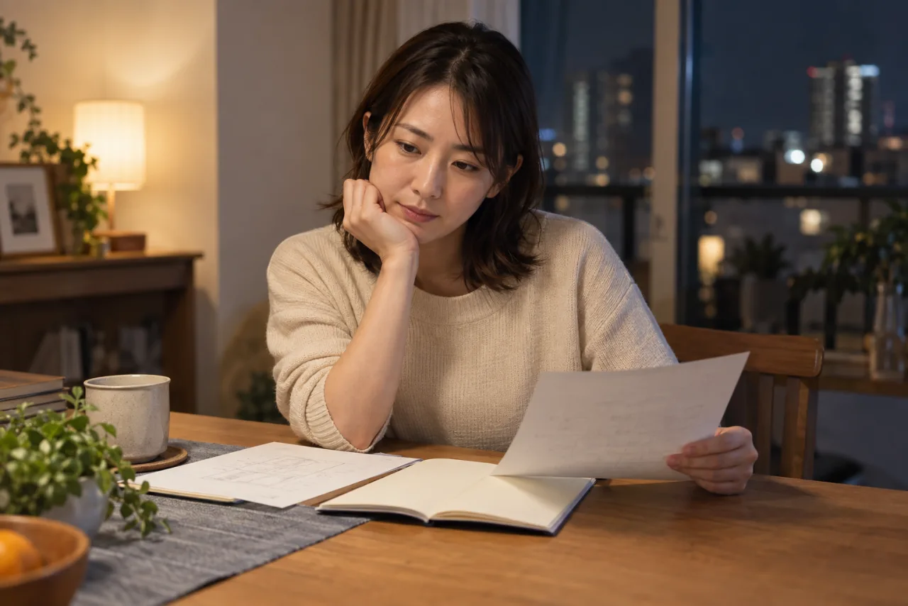 夜のダイニングで住み替え費用のメモを見ながら、佳奈さんが次の三年を考える