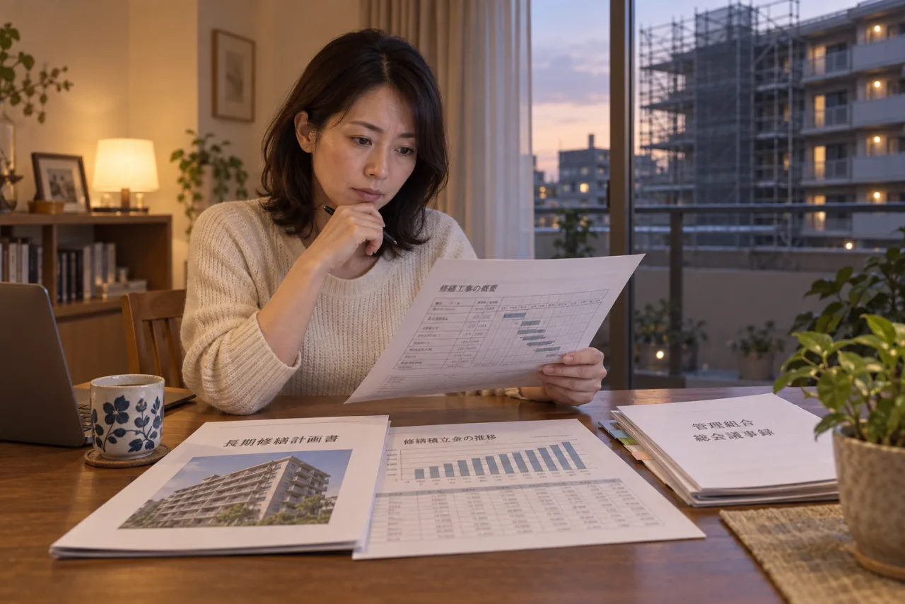 長期修繕計画と積立金の予定を確認する佳奈さん