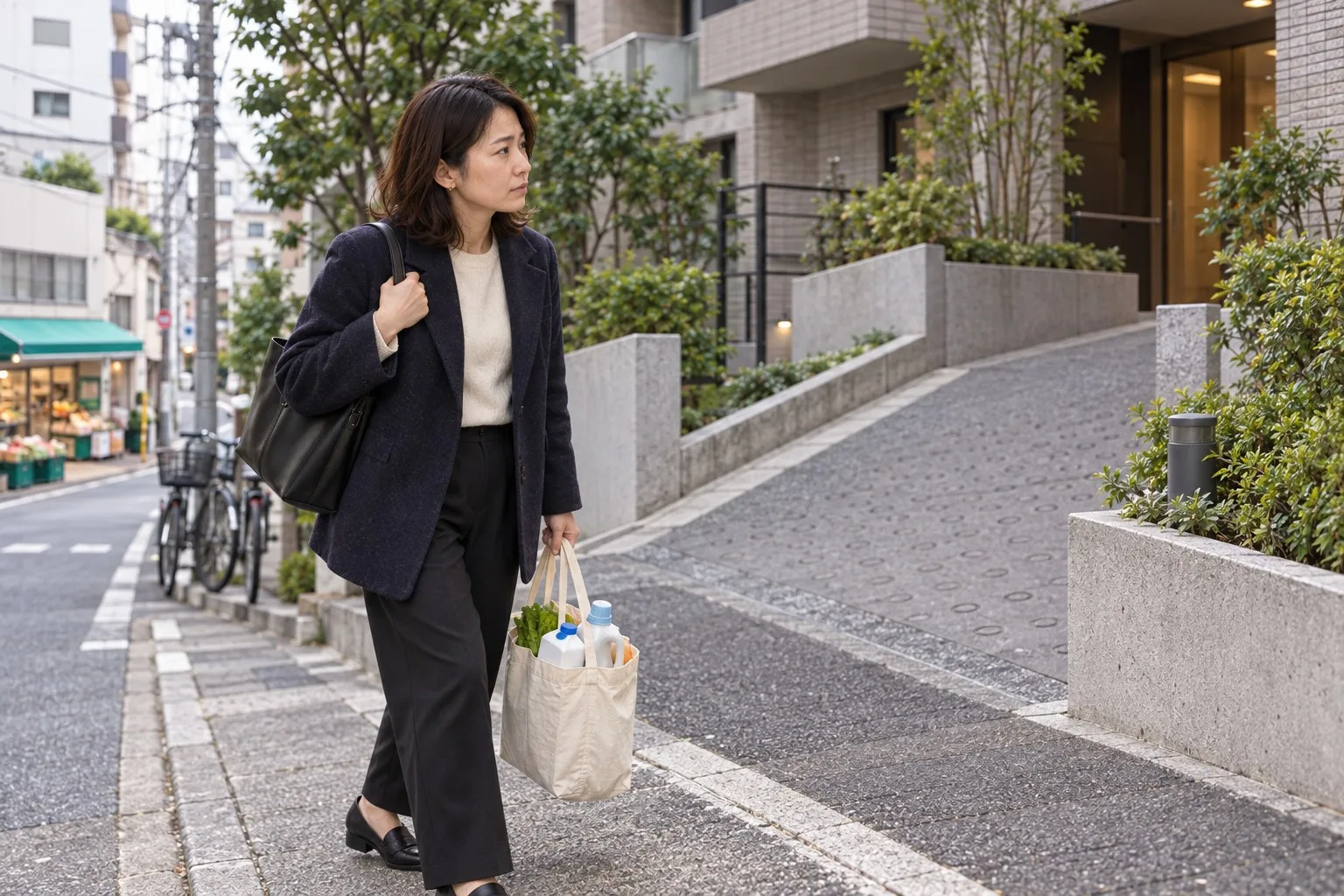 日曜の買物袋を持ち候補物件までの坂と生活動線を確かめる佳奈さん