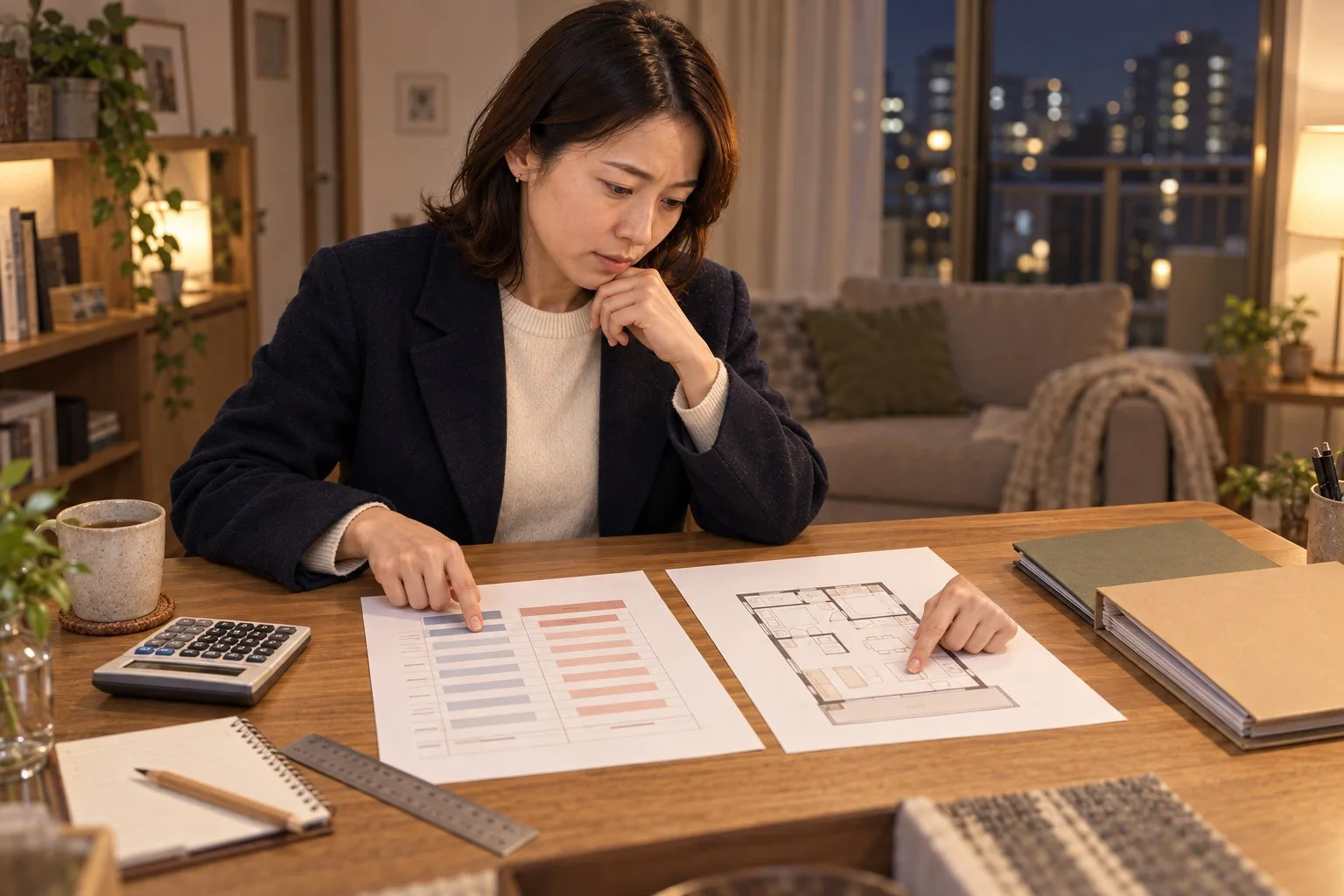 新築と中古の購入日と十年後を二枚の表で比べる佳奈さん