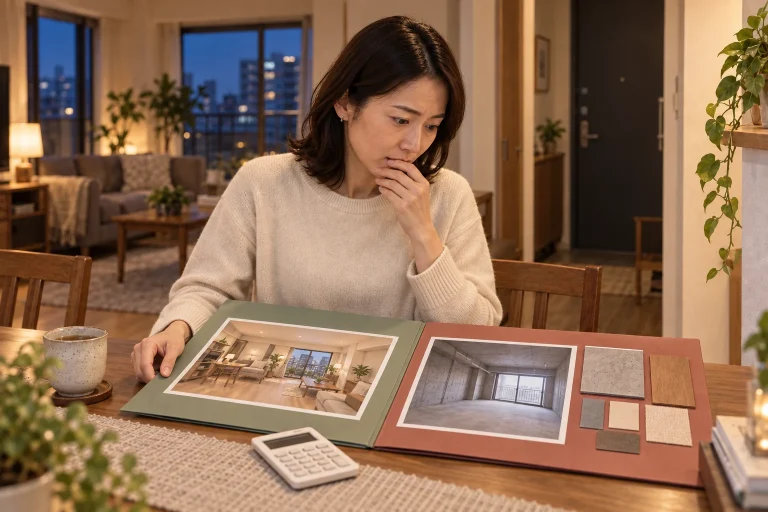 改修済み住戸と購入後改修の二つの資料を見比べる佳奈さん