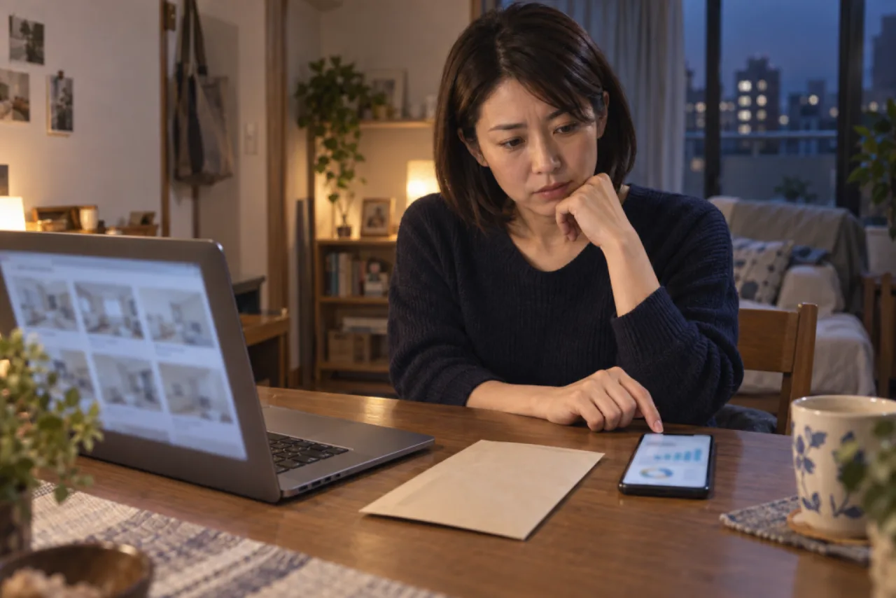 水曜の夜、住み替え先と資産形成の二つの画面を前に指が止まる佳奈さん