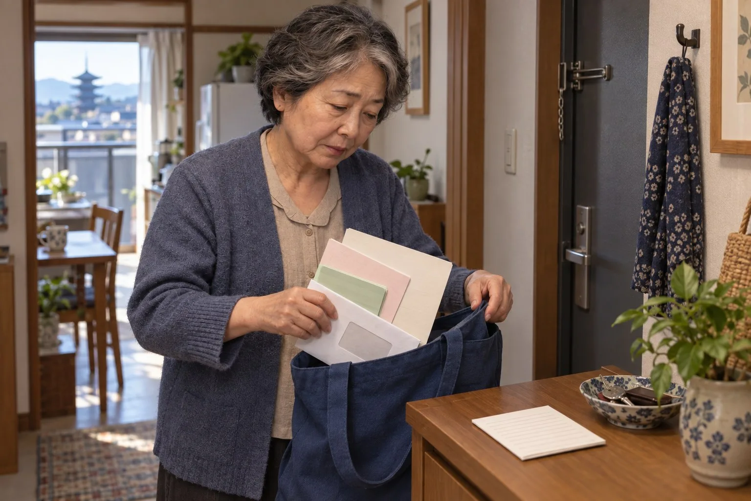 電気料金の封筒と通帳と年金通知を青い袋へ入れる和枝さん