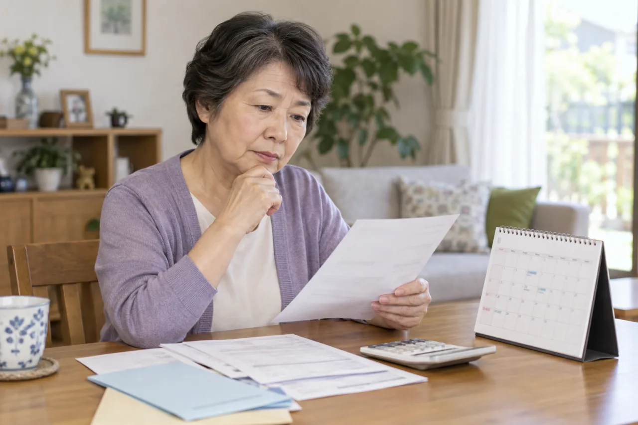 年金の支給日と生活費を確認する67歳の和枝さん