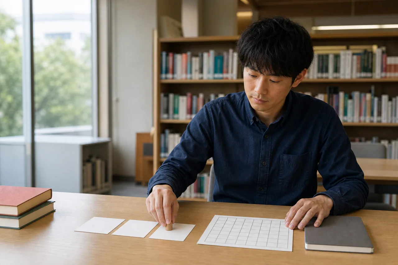 図書館で三つの仕事の道と13週間の実験表を並べる健太さん