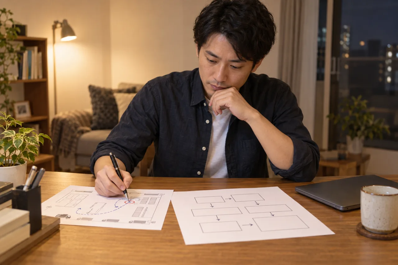 これまでの経験を書き出す30代の健太さん