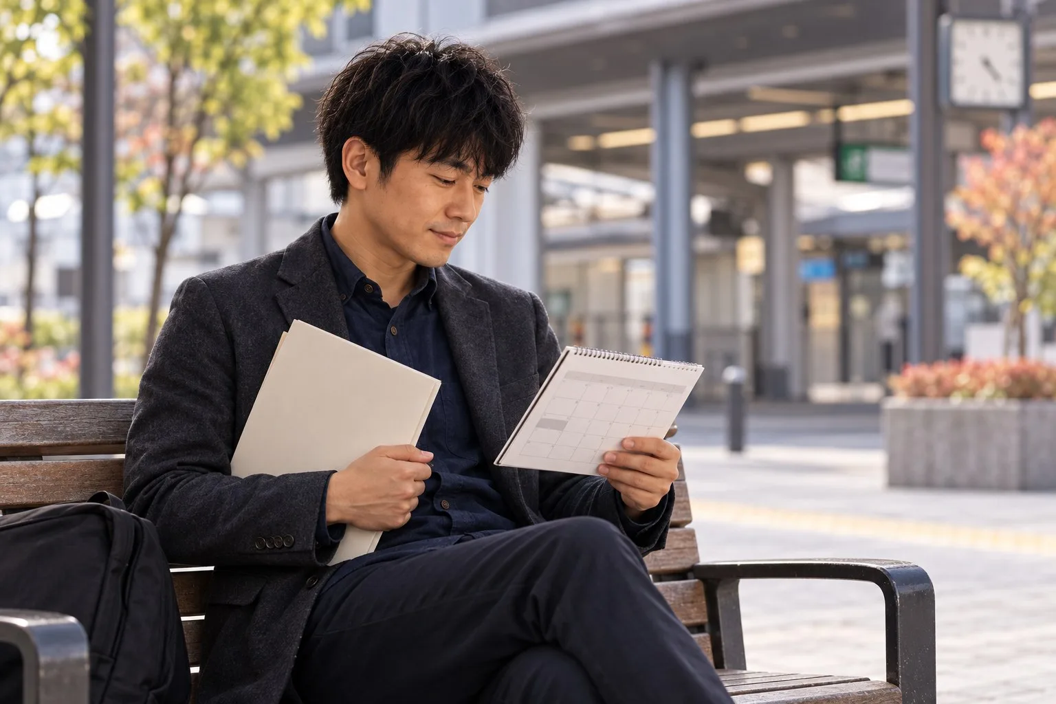無料相談後のベンチで勤務表に休む日を残す健太さん