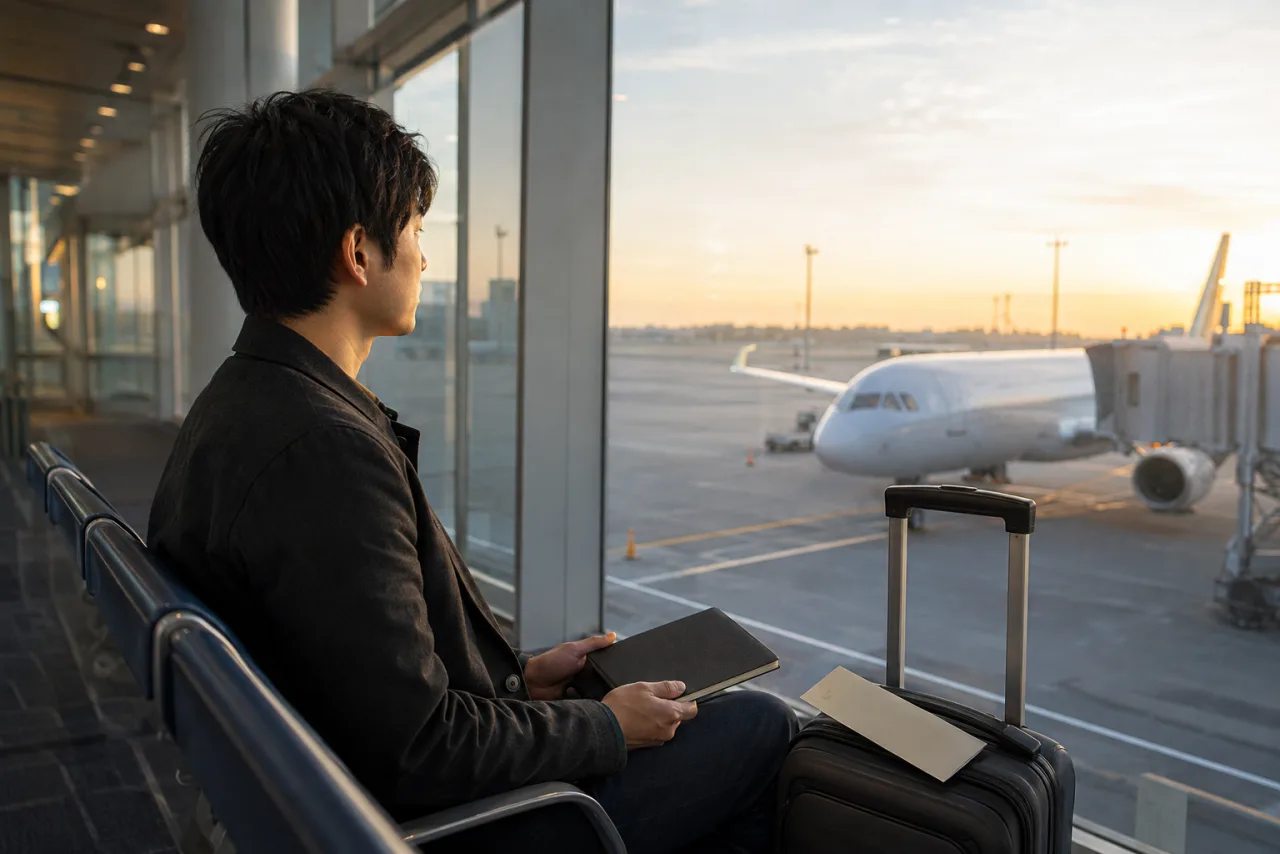 早朝の空港で、旅行鞄とノートを持って出発を待つ健太さん