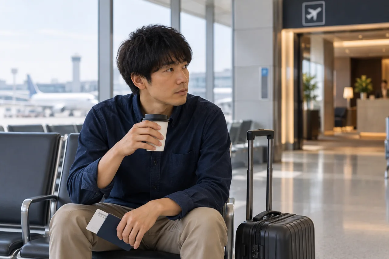 一般の搭乗口でラウンジを使う場面を考える健太さん