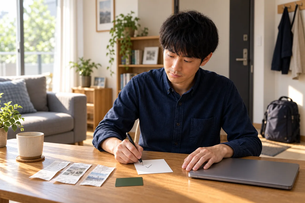 旅の領収書を見返してカードの結論を記す健太さん