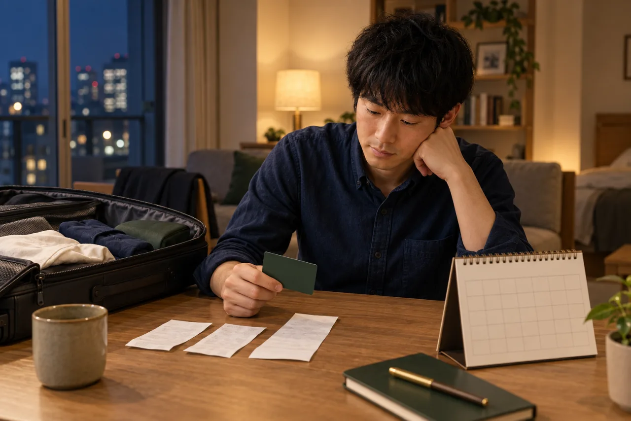 出張の領収書と年間予定を前にアメックスを考える健太さん