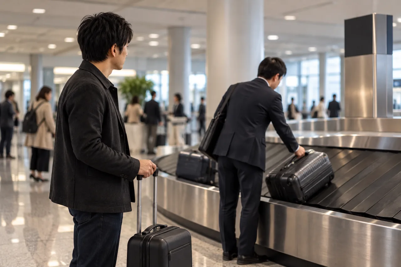 空港のセルフチェックイン機で手続きをする一人旅の利用者