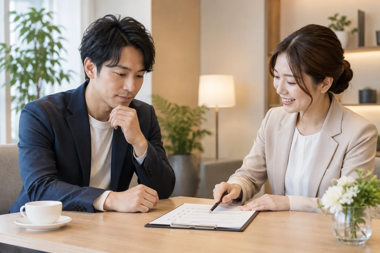 結婚相談所で担当者と条件を確認する健太さん