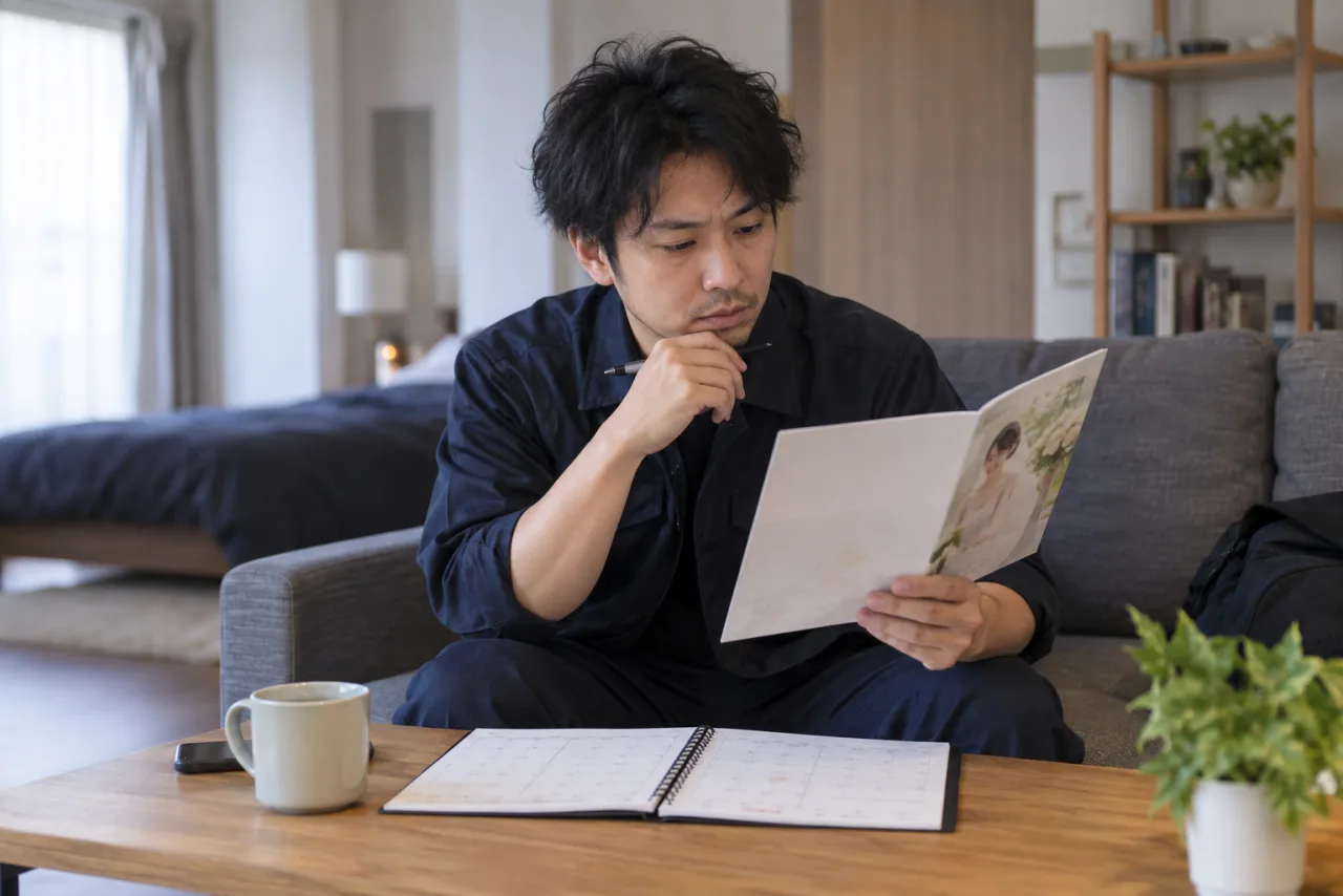 勤務表と相談所の案内を見比べる健太さん