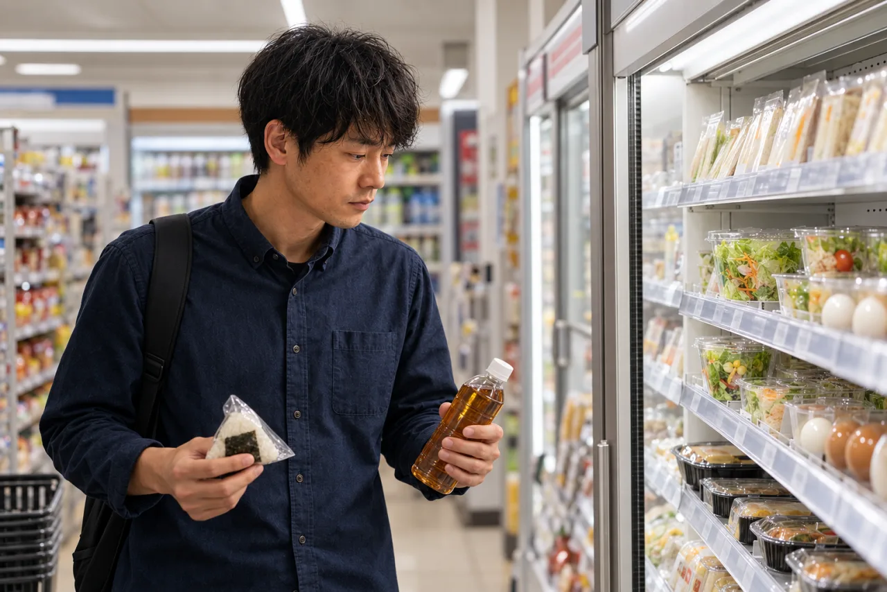 コンビニでおにぎりとお茶を持ち、主菜と副菜を探す健太さん