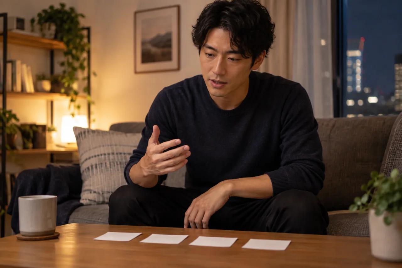 会話を送る前に四枚のメモで練習する健太さん
