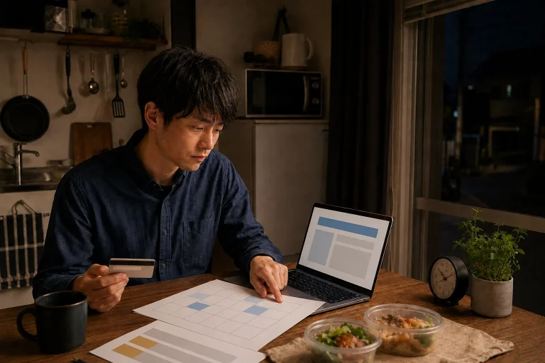 木曜22時18分、語学講座の申込画面と夜勤のシフト表を見比べる健太さん