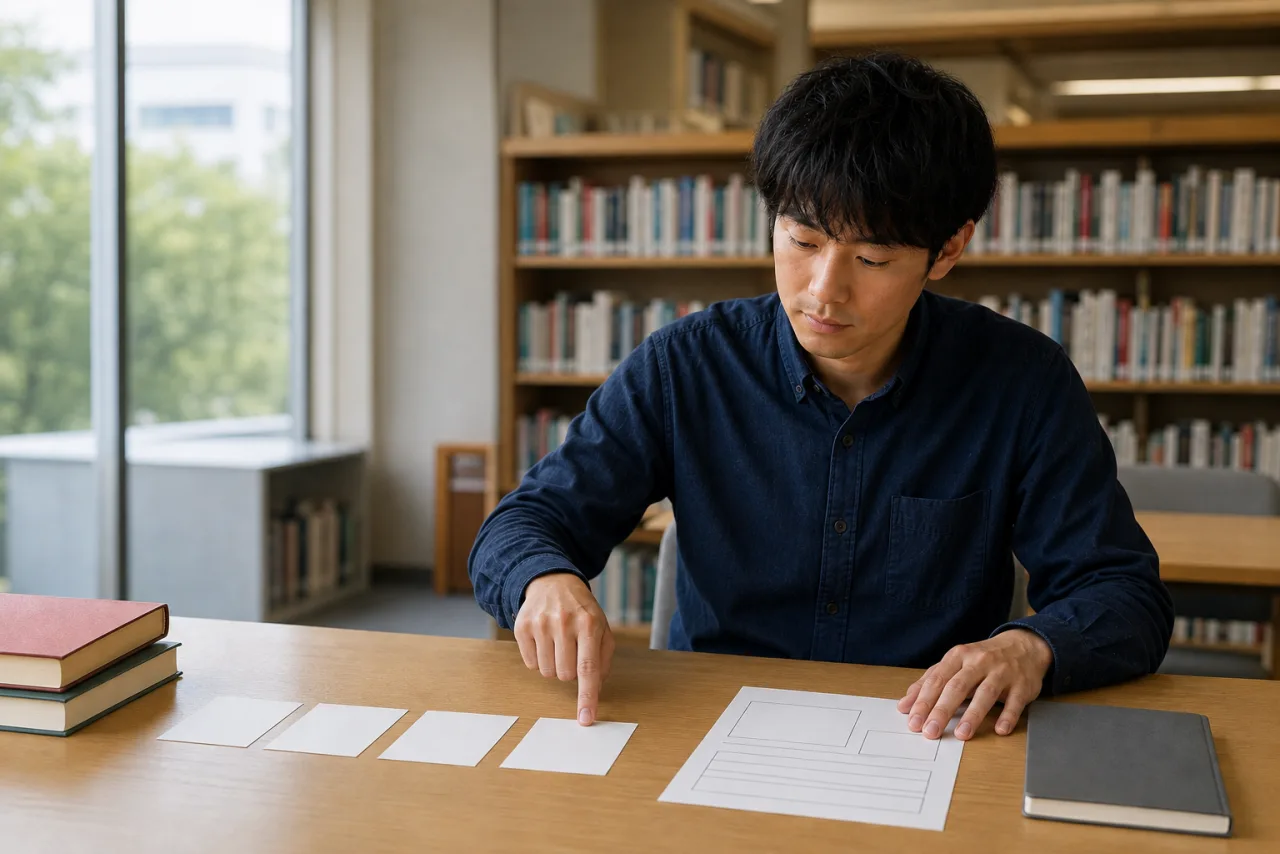 図書館で仕事の一場面を四枚のカードへ分ける健太さん