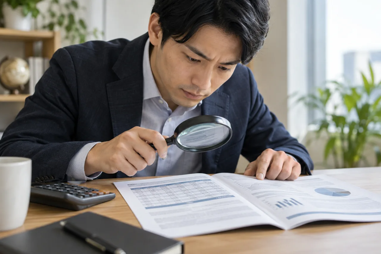 投資信託の費用とリスク欄を確認する32歳の健太さん