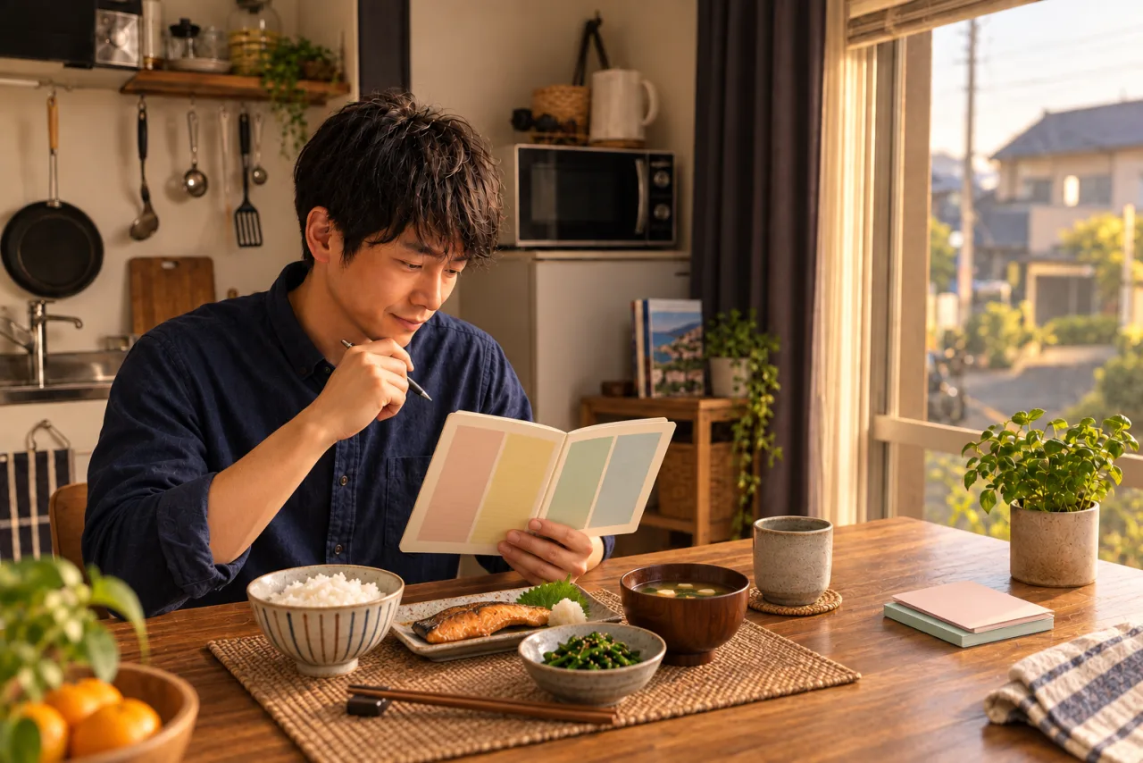 四列の色分けノートと普通の定食を見比べる健太さん