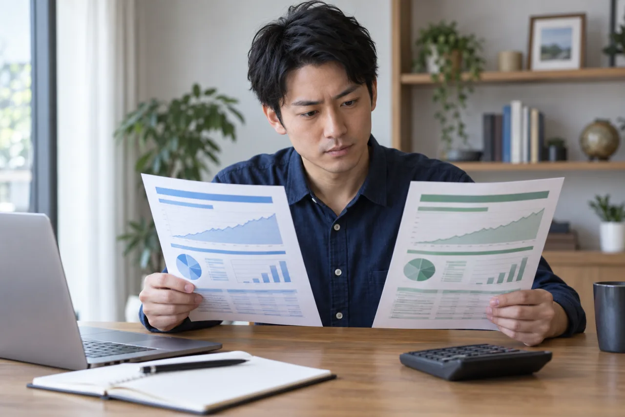 二つの投資信託の目論見書を比べる32歳の健太さん