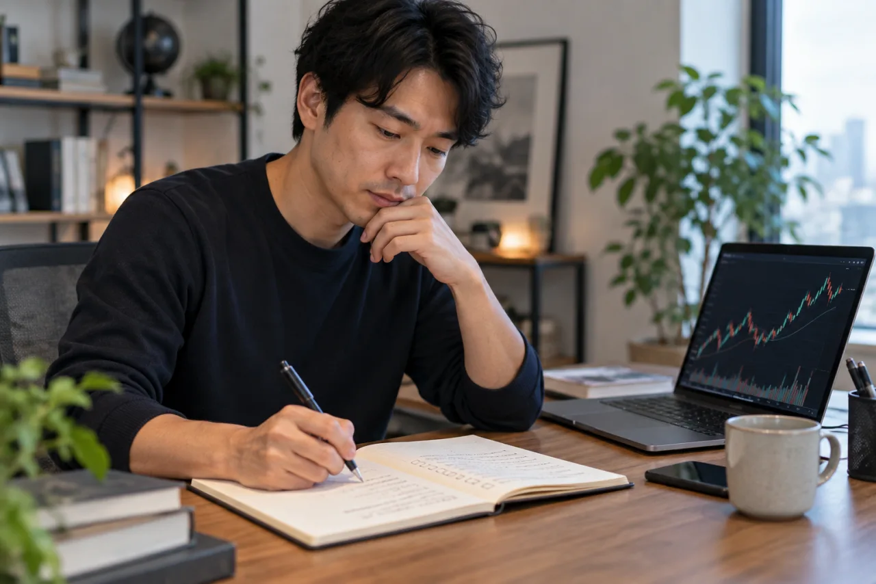 買う理由と検証条件をノートに整理する健太さん