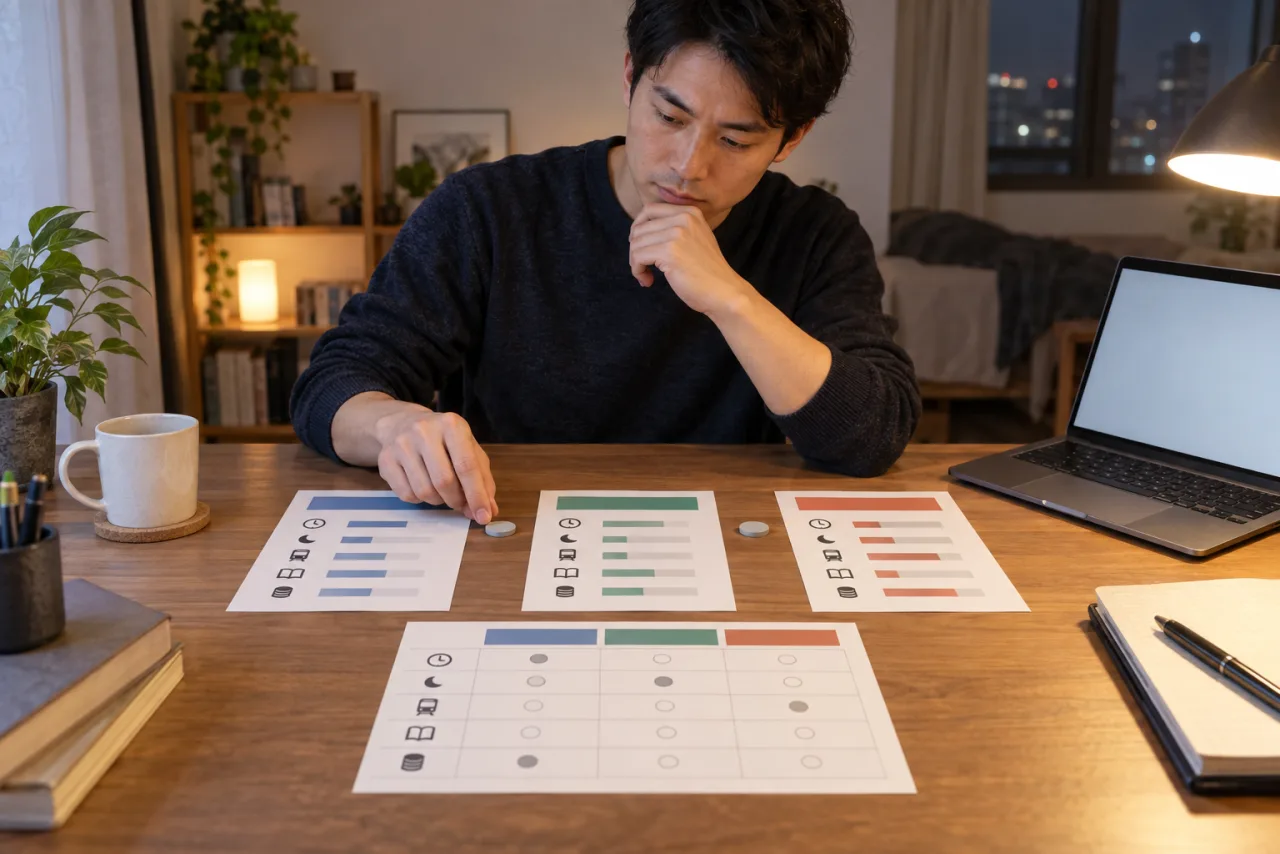 求人票の条件を横並びで確認する健太さん