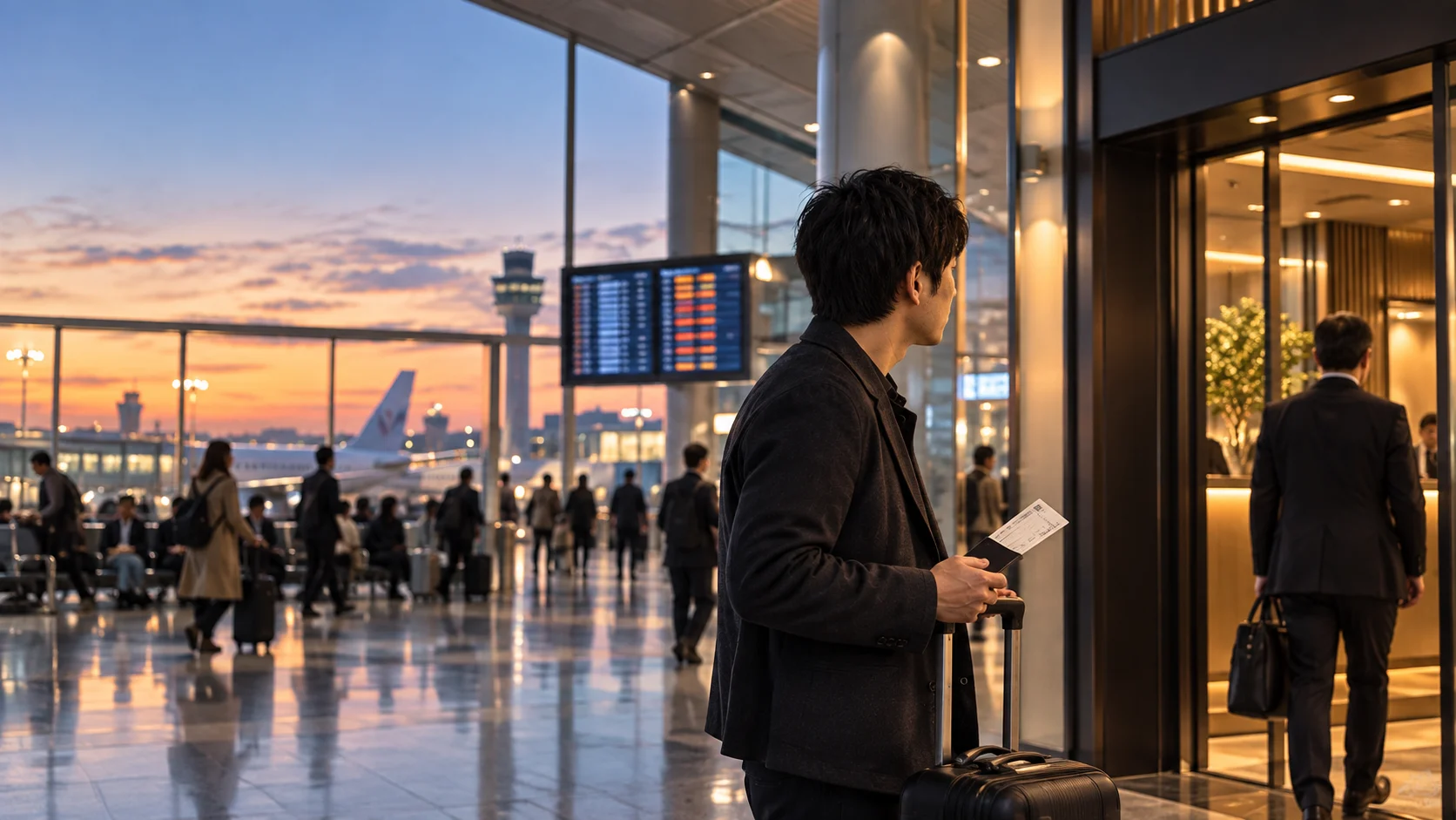 遅延した夕方の空港でラウンジ入口を見る健太さん