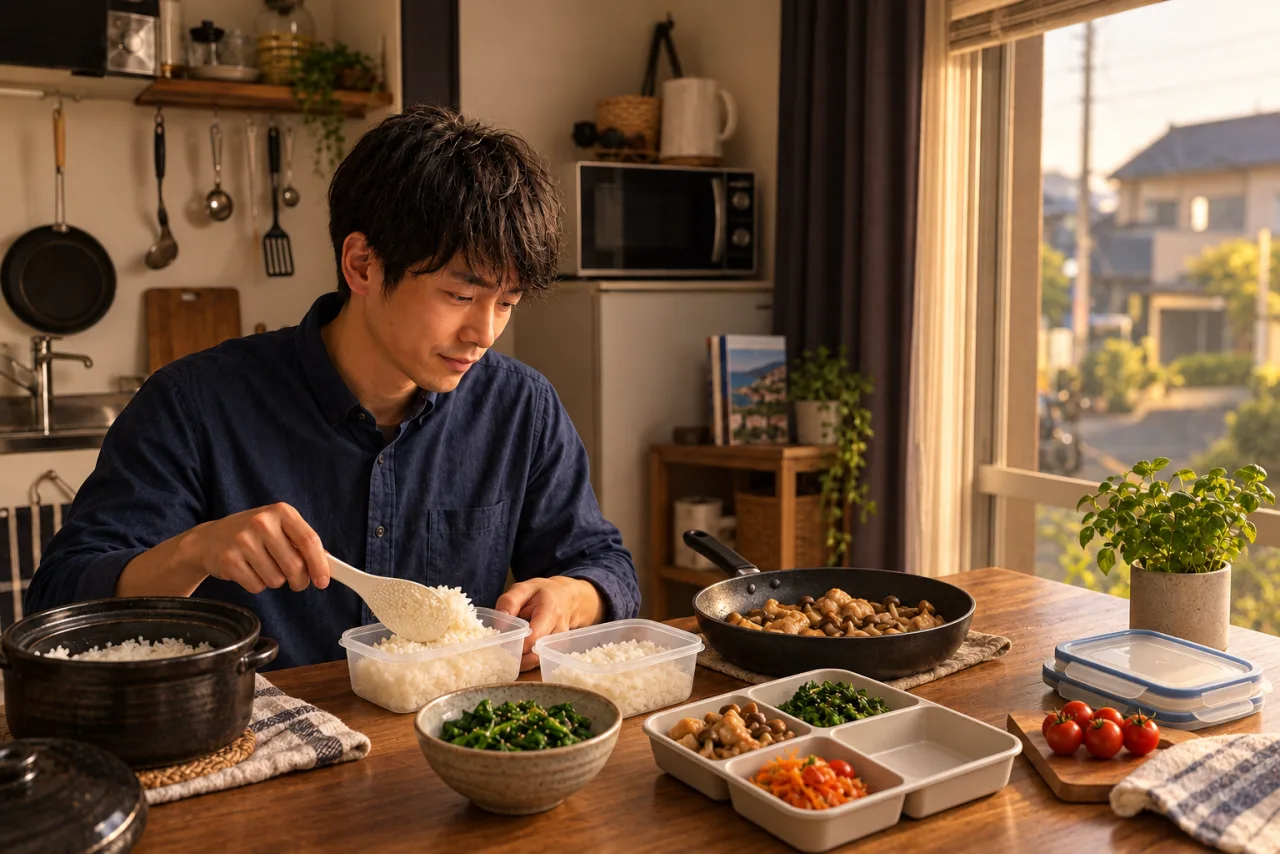 ごはんと鶏肉、きのこ、青菜を別々に作り置きする健太さん
