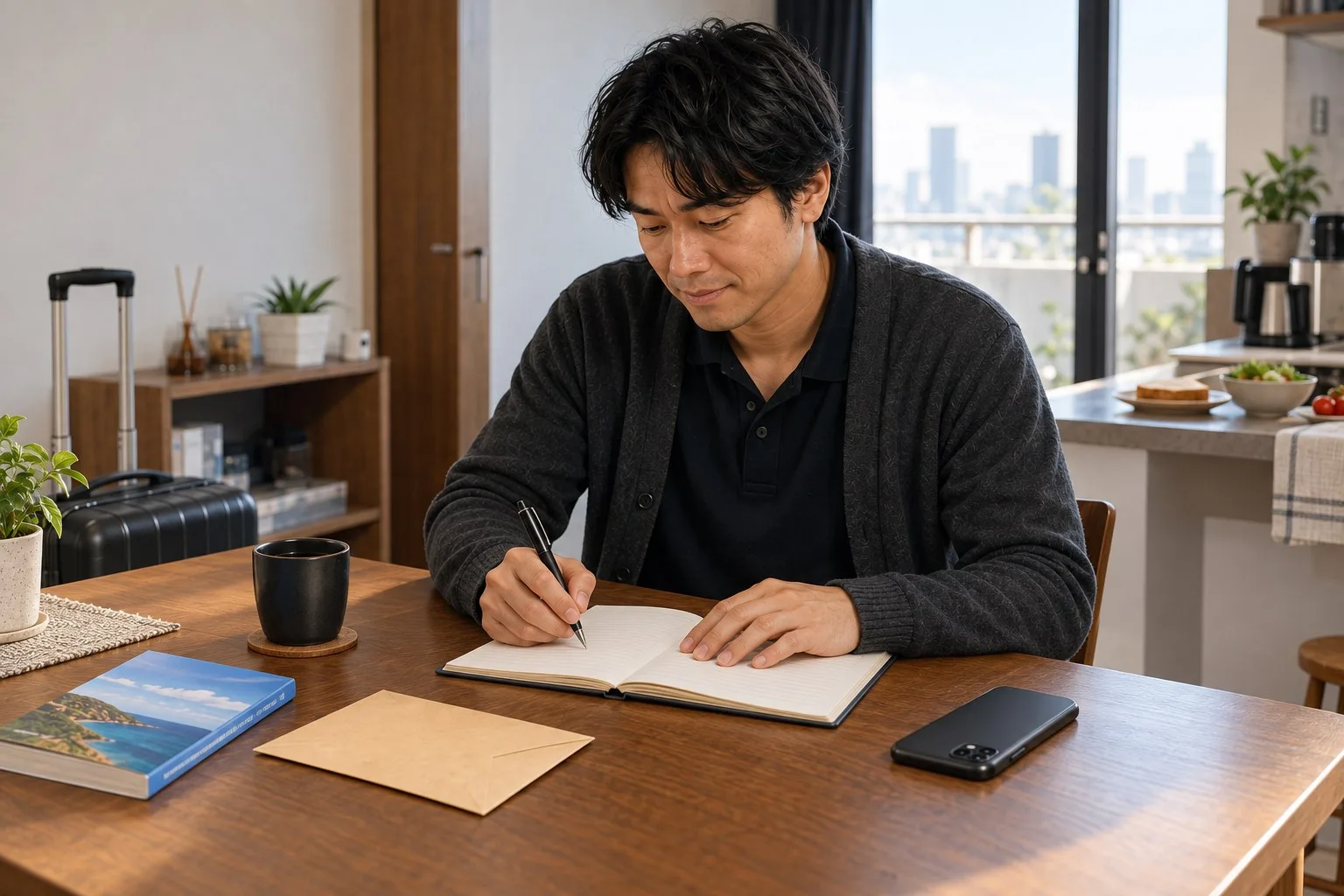 FX画面を閉じ、翌朝に確認日をノートへ書く健太さん