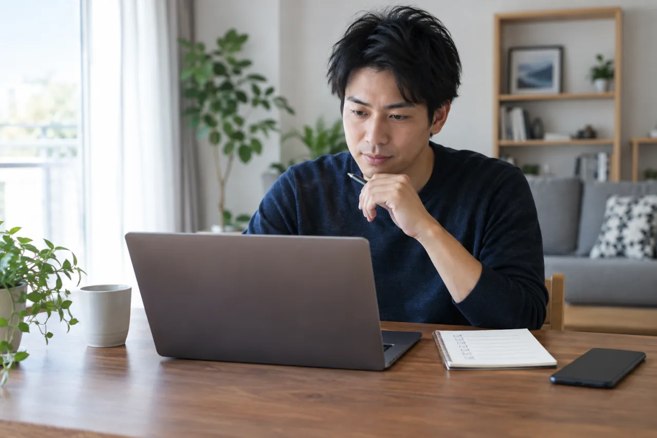 翌朝に取引状況を確認する32歳の健太さん