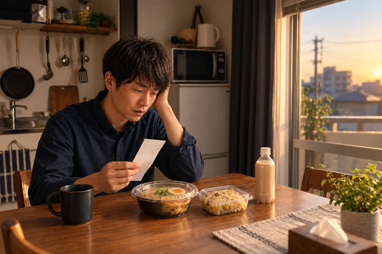 夜勤明けの食卓でラーメンと半チャーハンのレシートを見る健太さん