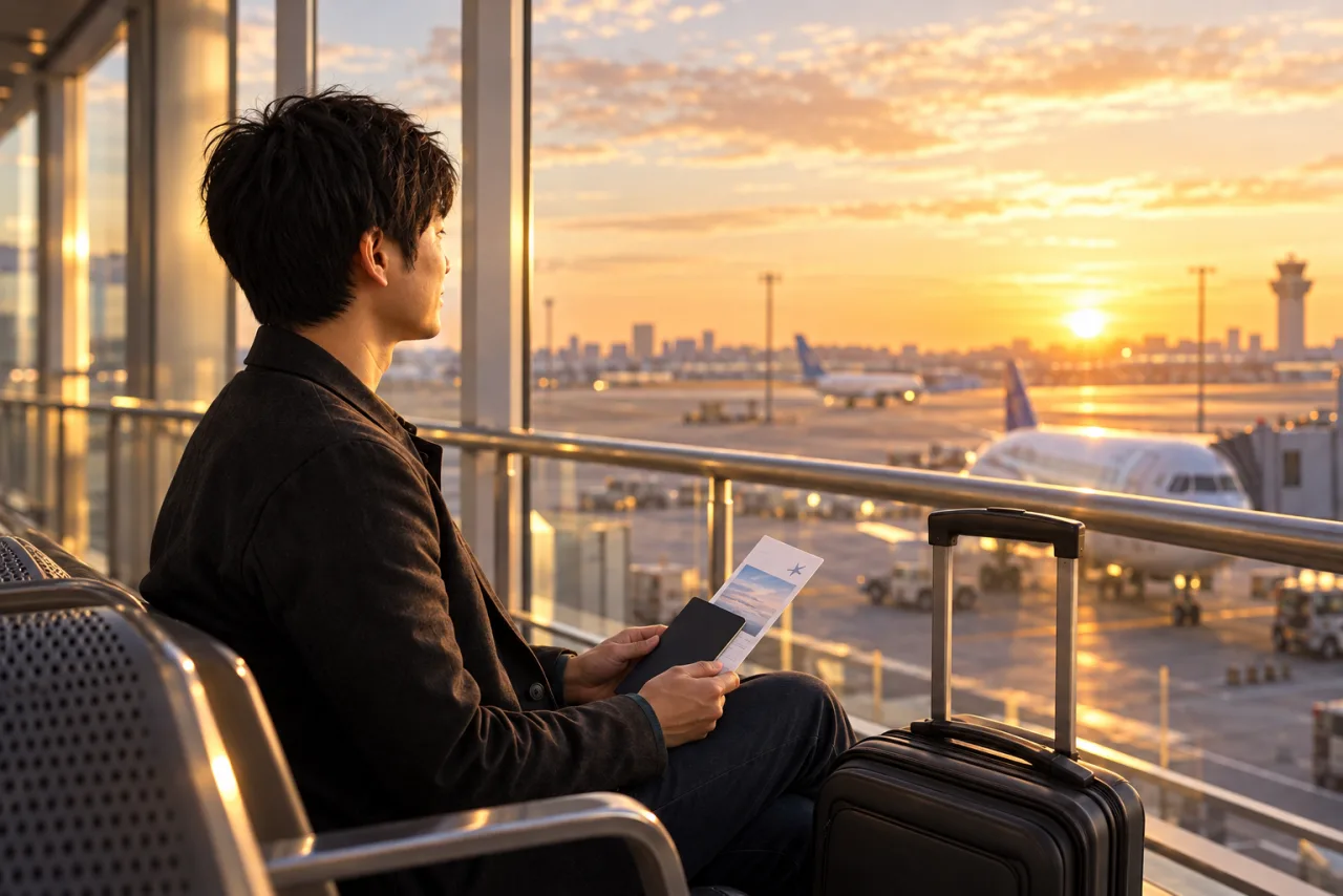 帰宅時に空港の手荷物受取所で荷物を待つ一人旅の利用者