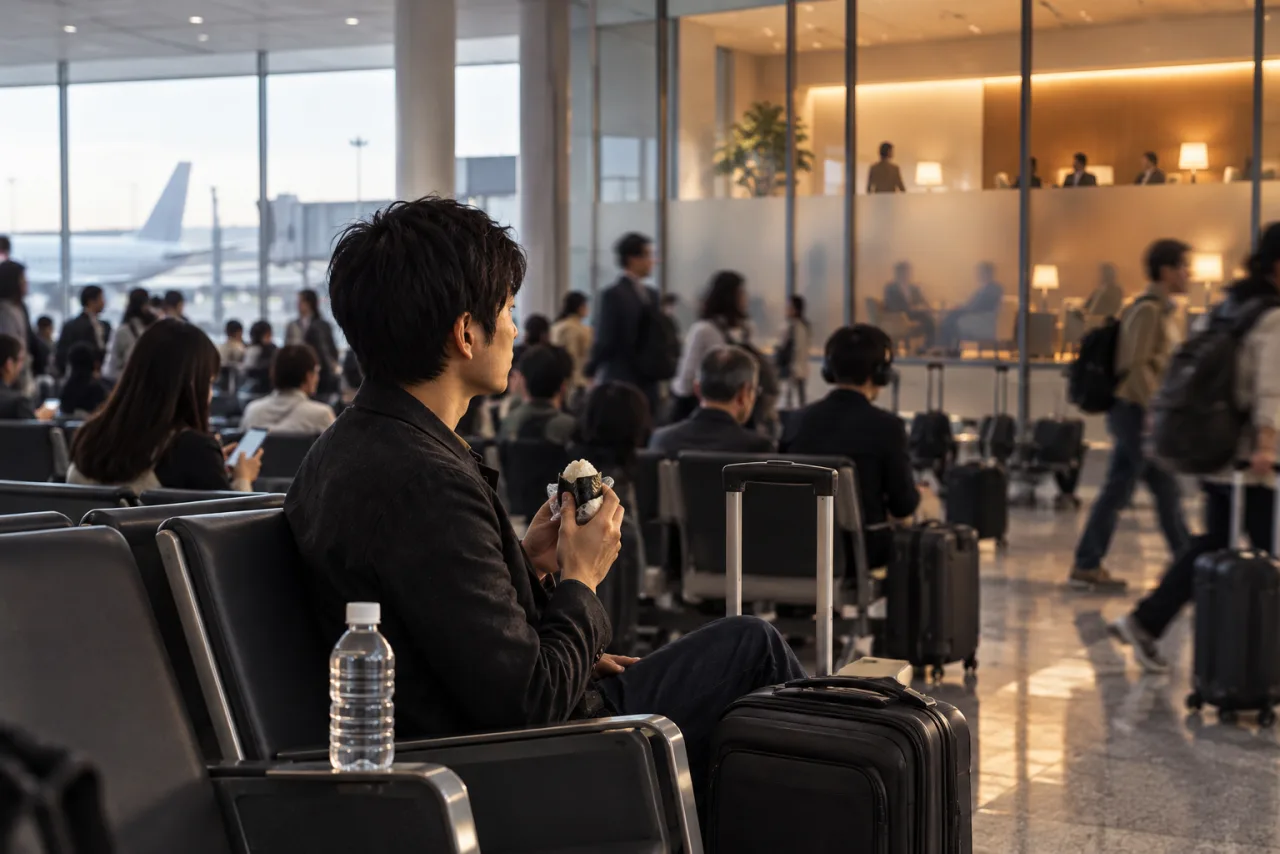 スーツケースを持って空港に到着した一人旅の利用者