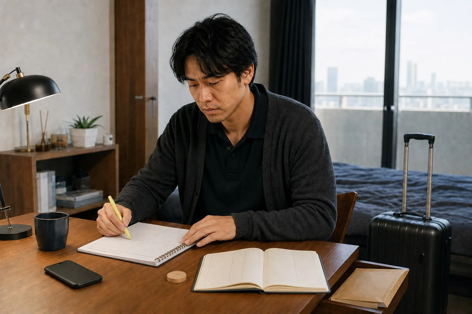 スマートフォンを伏せ、四区画の売買メモを書き終える健太さん
