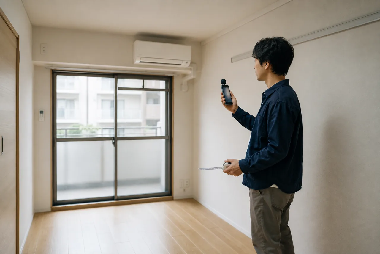 空室で窓や壁から入る音と家具寸法を確認する30代男性