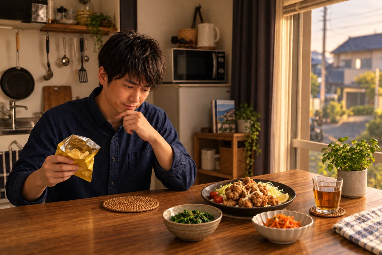 ごはんを抜いた食卓で揚げ物と開封した菓子を見る健太さん